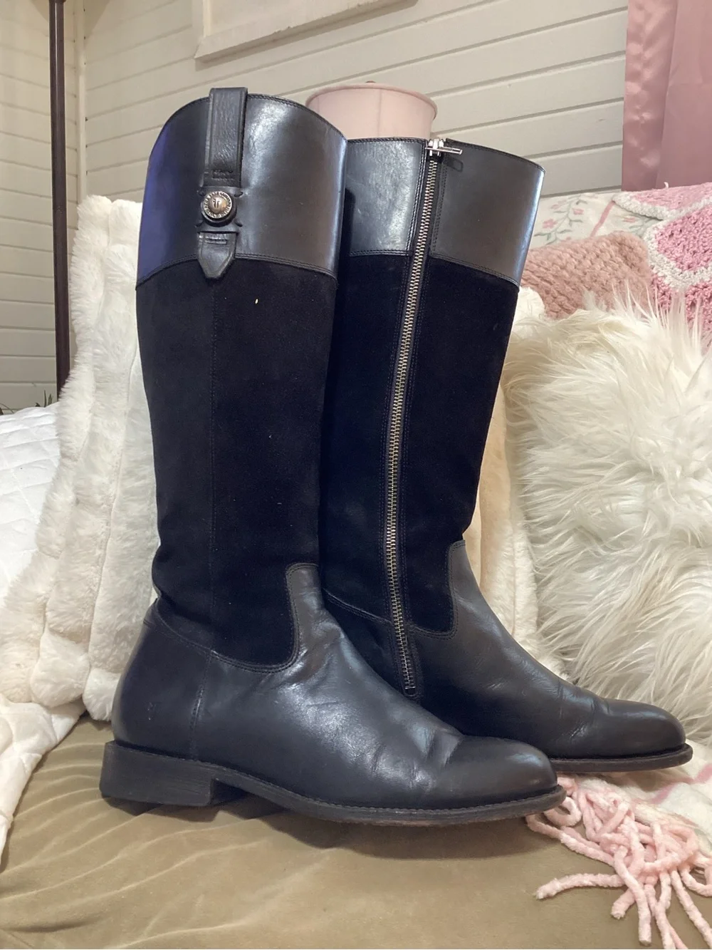 Frye Jayden Button Tall Black Suede & Leather Boots
